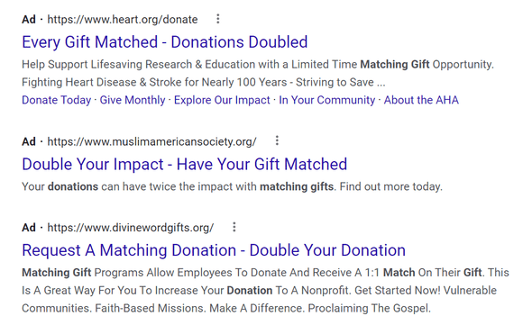 Promote your matching gift page using paid search engine advertising. Promote your matching gift page using paid search engine advertising.