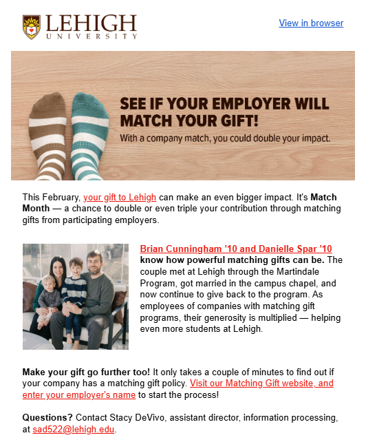 Lehigh University's matching gift month push included a dedicated email