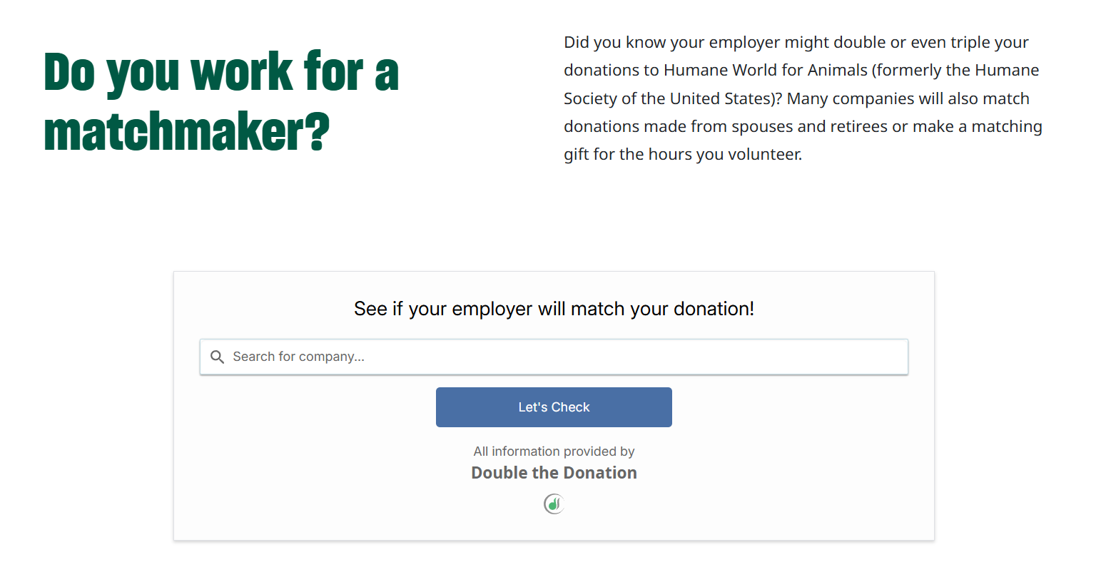 How Humane World for Animals identified match-eligible gifts on their matching gift page
