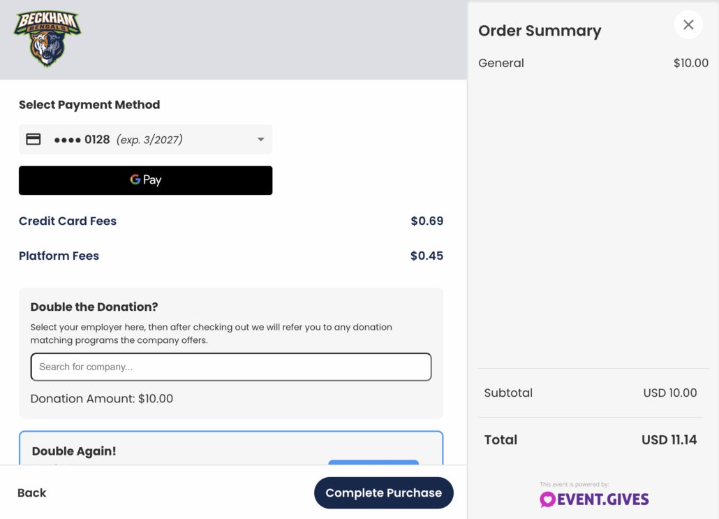 Event.Gives donation form with the Double the Donation blank search field present