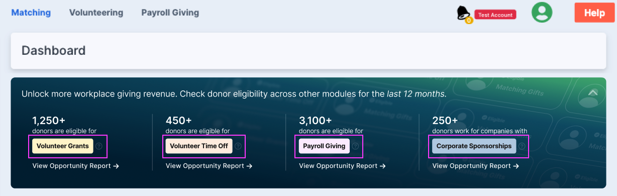 Double the Donation's new product updates include a cross-module banner for displaying workplace giving potential.